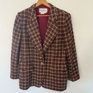 Oleg Cassini Vintage Maroon and Beige Plaid Tweed Plus Size Blazer Size 16